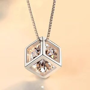 New! Beautiful Silver Cube Shaped Pendant Necklace Shiny Diamond CZ